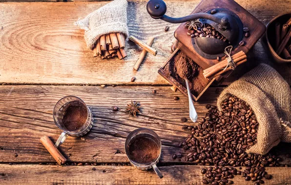 Board, coffee, spoon, glasses, cinnamon, bag, grain, star anise