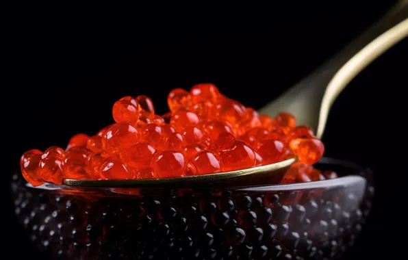 Macro, spoon, black background, caviar, red caviar, digital art, AI art, neural network
