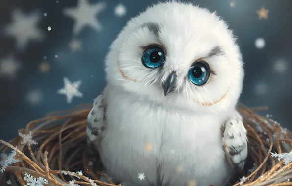 Stars, owl, bird, socket, white, blue eyes, chick, owlet