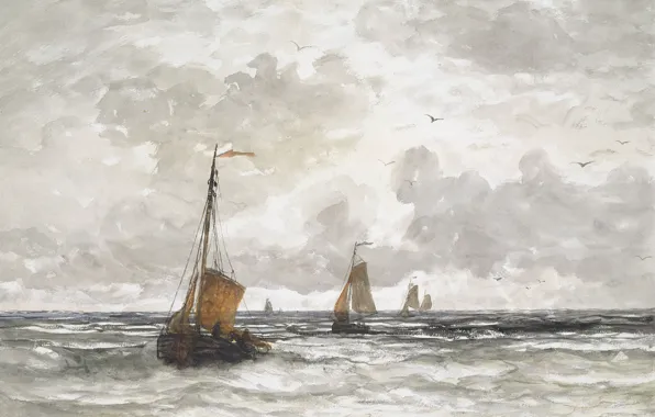 Picture sea, boat, figure, ship, watercolor, sail, Fishing Boats in the Sea, Hendrik Willem Mesdag