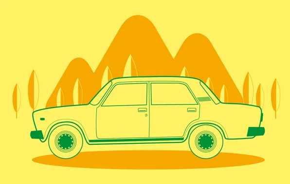 Machine, trees, mountains, orange, abstraction, yellow, minimalism, vector