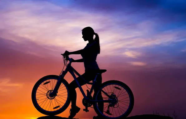 The sky, girl, sunset, bike, sport, silhouette, bike, bike