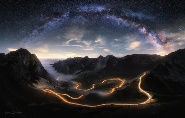 Light, mountains, night, the way, milky, the sky.stars