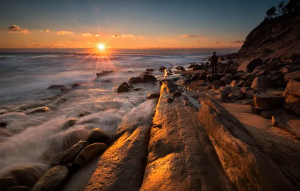 Sea, beach, landscape, nature, sunrise, stones, rocks, shore