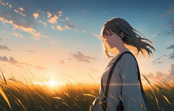 Field, girl, the sun, anime, girl, field, woman, anime