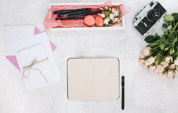 Flowers, holiday, roses, bouquet, the camera, Notepad, Flowers, the envelope