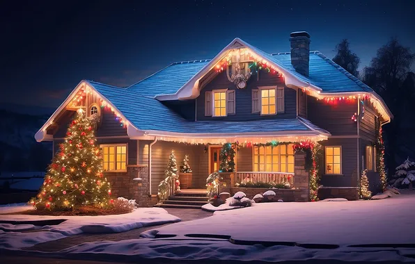 Snow, decoration, night, lights, house, tree, colorful, Christmas