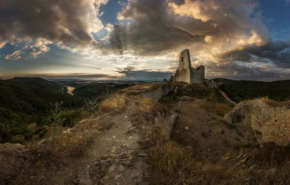 Mountains, castle, ruins, path