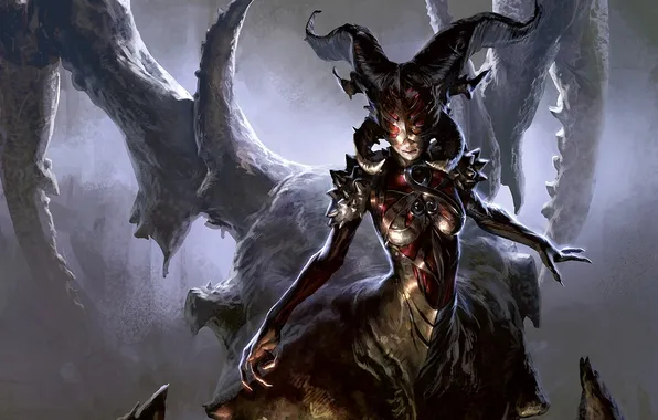 Picture fog, monster, mask, claws, horns, cave, armor, Magic: The Gathering