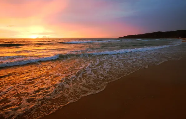 Sunset, rocks, sand, Ocean