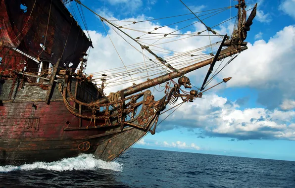 Sea, the sky, clouds, ship, sails, pirates of the Caribbean