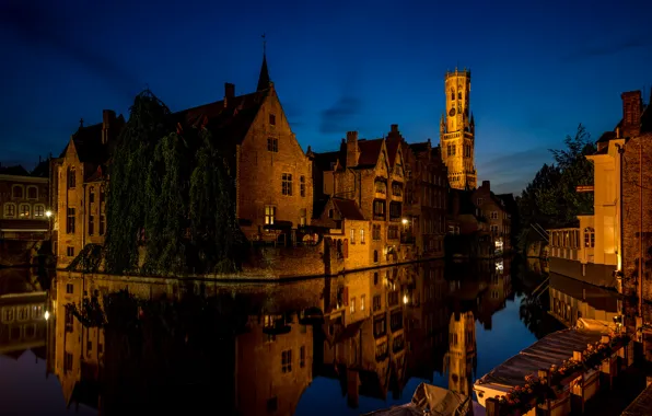 Night, lights, Bruges, Flanders