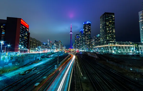 Picture night, Canada, railroad, Canada, roads, Toronto, vedika