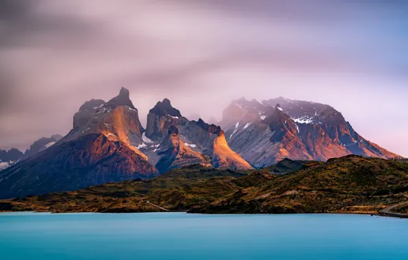 The sky, clouds, light, mountains, fog, lake, shore, the slopes