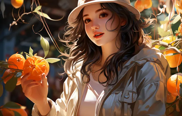 Summer, leaves, girl, light, flowers, nature, hat, brunette