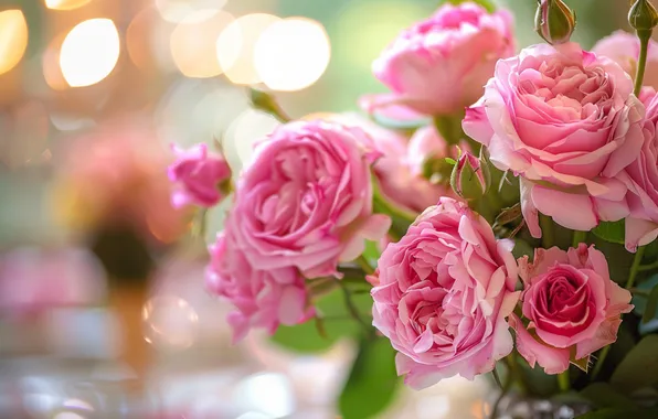 Lights, holiday, roses, bouquet, pink, bokeh, AI art, universal holiday background