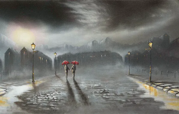 Road, the city, rain, lights, umbrellas, passers-by, Jeff Rowland, bad weather