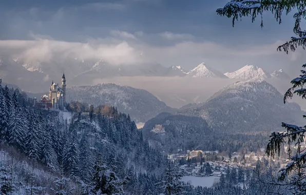 Winter, mountains, Germany, Bayern, panorama, Germany, Bavaria, Neuschwanstein Castle