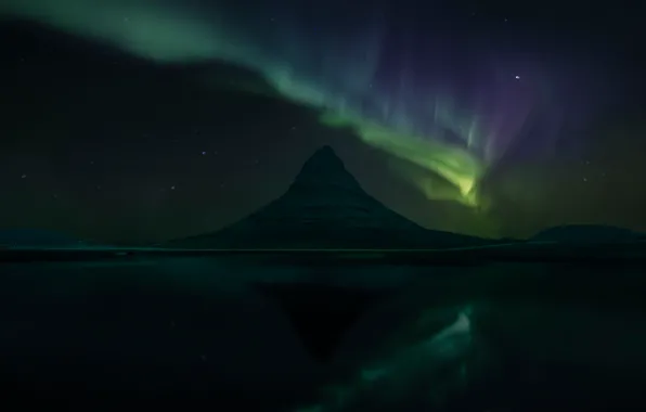 Night, darkness, reflection, mountain, Northern lights, the volcano, Iceland, pond