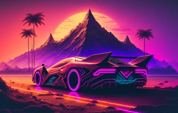 Car, trees, sunset, mountains, palm trees, digital art, retro car, mountain top