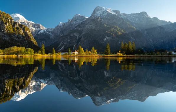 Trees, mountains, lake, reflection, Austria, Alps, Austria, Alps