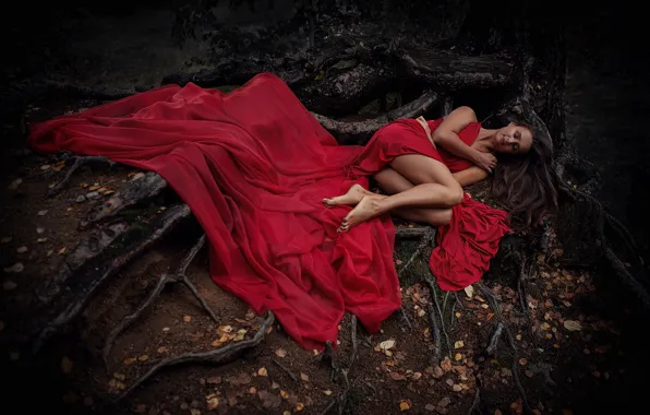 Picture autumn, girl, pose, mood, feet, sleep, the situation, red dress