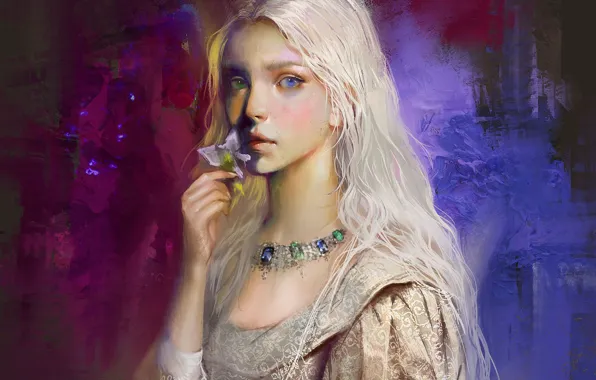 Flower, hand, necklace, blue eyes, art, portrait of a girl, long white hair, Bellabergolts