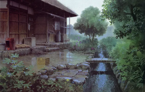 Trees, stream, the bridge, veranda, rainy day, the drain, wooden house, only yesterday