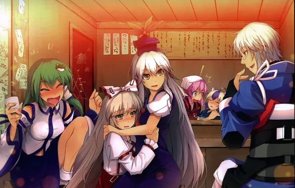 Picture girls, laughter, glasses, guy, bow, long hair, touhou, art
