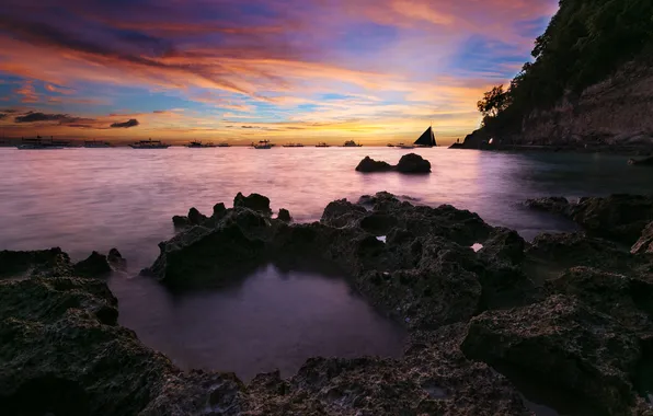 Sunset, the ocean, rocks, shore, boats, Philippines, Boracay
