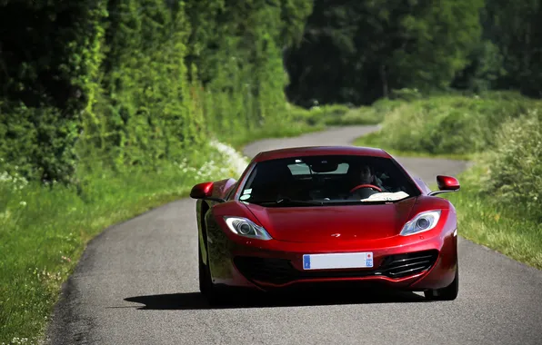 Road, grass, trees, red, McLaren, shadow, red, MP4-12C