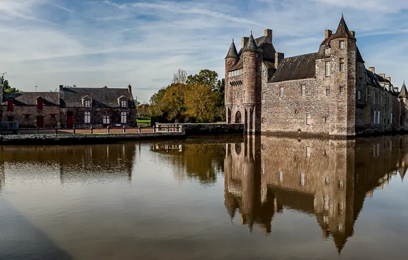 Autumn, the sky, water, the sun, trees, pond, reflection, castle