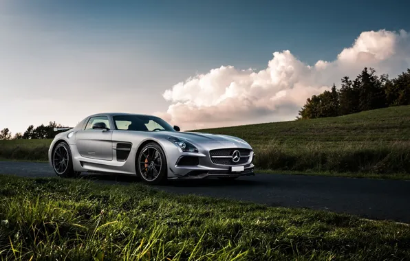 Picture Mercedes-Benz, Sky, Grass, Front, AMG, Black, SLS, Series