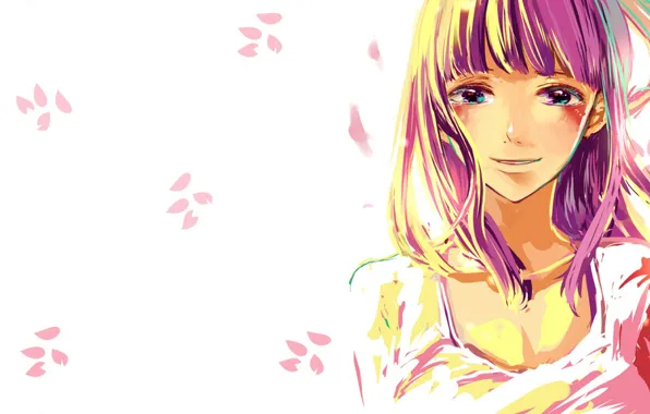 Picture Big Jackpot, Sakura, bangs, white background, One Piece, petals, face, Niko Rodin