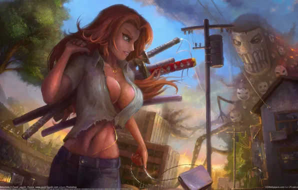 Chest, girl, the city, monster, sword, katana, shirt, redhead