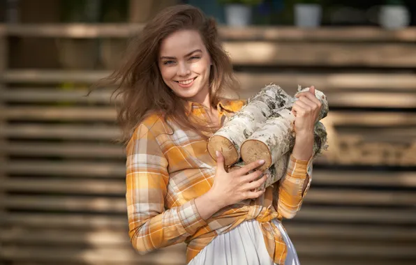 Girl, smile, mood, logs, Maria Kudryavtseva, Sergey Gorshenin