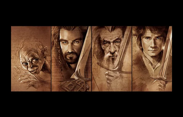 Picture swords, Gollum, Gandalf, The hobbit, The Hobbit, Bilbo, Thorin