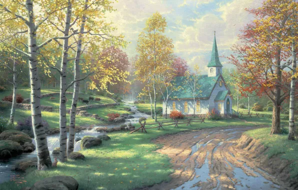 Picture brook, autumn, Thomas Kinkade, church, The Aspen Chapel