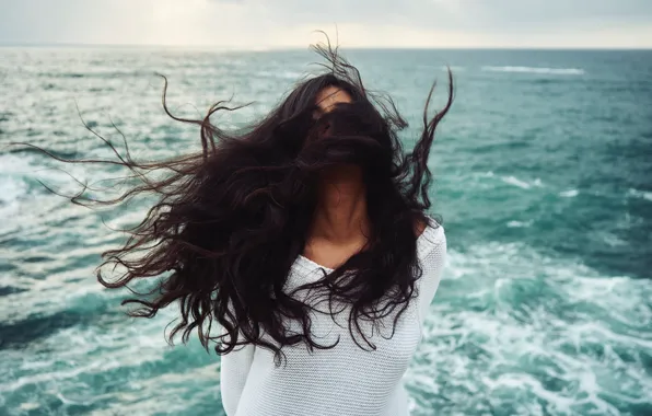 Sea, girl, the wind, hair
