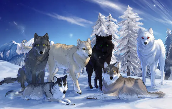 Picture winter, the sky, snow, trees, mountains, nature, drawings, wolves