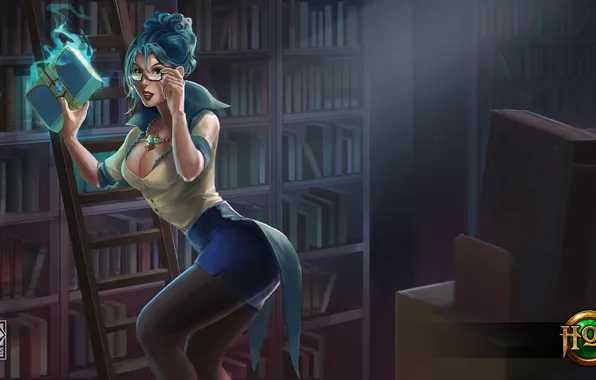 Chest, girl, glasses, book, library, sexy, Heroes of Newerth, Vindicator