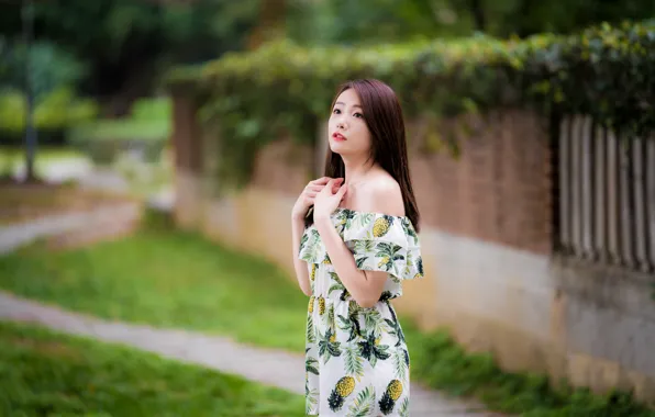 Girl, pose, Asian, cutie, bokeh, dress