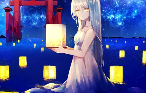 Girl, night, lanterns