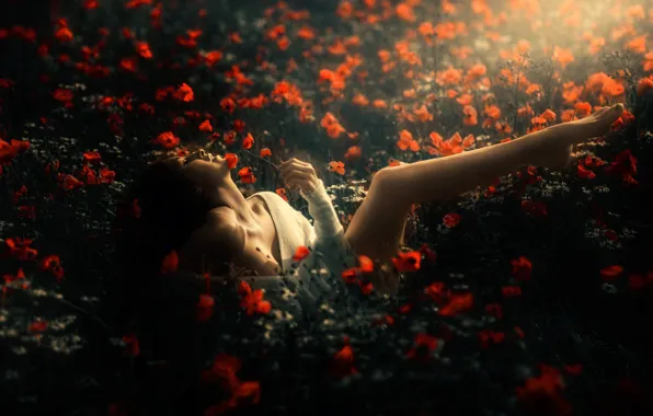 GIRL, NATURE, FIELD, FLOWERS, RED, JOY, MAKI