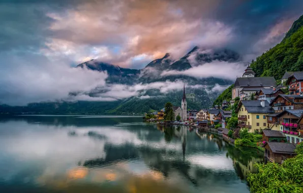 Clouds, mountains, lake, building, home, Austria, Alps, Austria