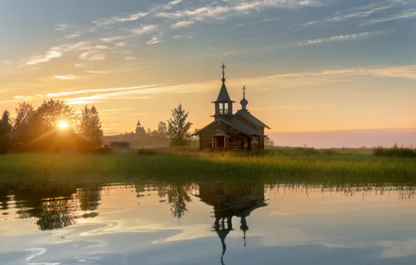 Summer, the sun, light, dawn, morning, Church, Karelia, Kizhi