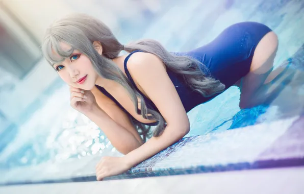 Swimsuit, ass, summer, look, water, girl, light, blue