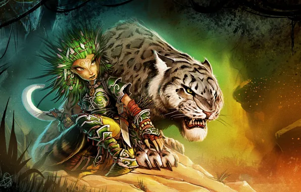 Forest, art, leopard, hunter, shaman, alexandru, Lini