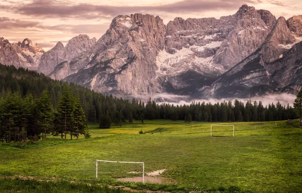 Field, mountains, football, gate, stadium, Italia, Veneto, Misurina