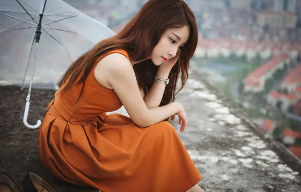 Landscape, pose, model, portrait, umbrella, makeup, dress, hairstyle
